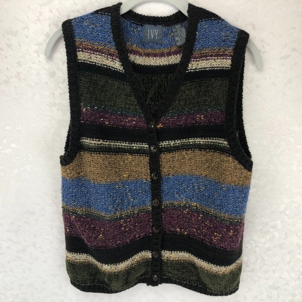 IVY Vintage Multicolor Horizontal-Striped Button Up Knit Sweater Vest Size S